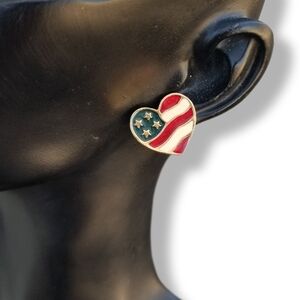 AVON 1990 "HEART OF AMERICA" GOLDTONE & RED WHITE & BLUE ENAMEL HEART EARRINGS